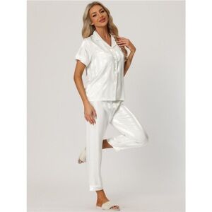 White Satin Pajama Set Button Down Short Sleeve Sleepwear Long Pants Medium